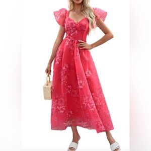 🎀🍒 Vibrant Cherry Red Floral Chiffon Elegant Full Length Gown 🍒🎀 NWT
